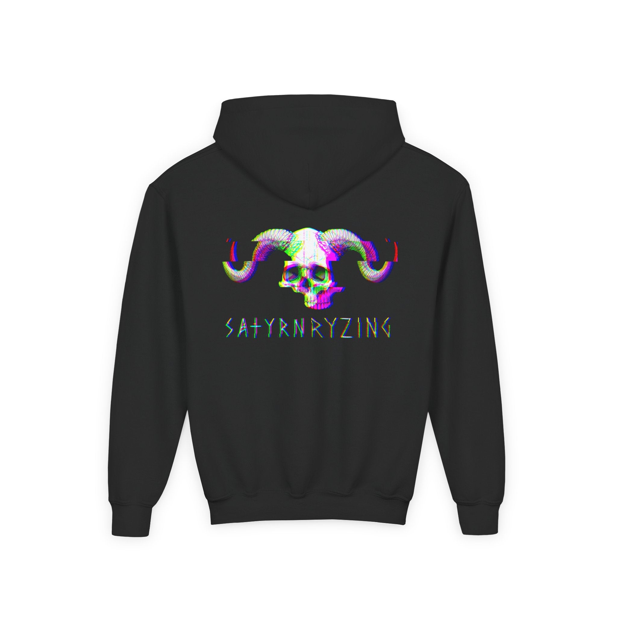 Youth Hoodie — Glitch Satyr Skull 'SATYRN RYZING' Graphic