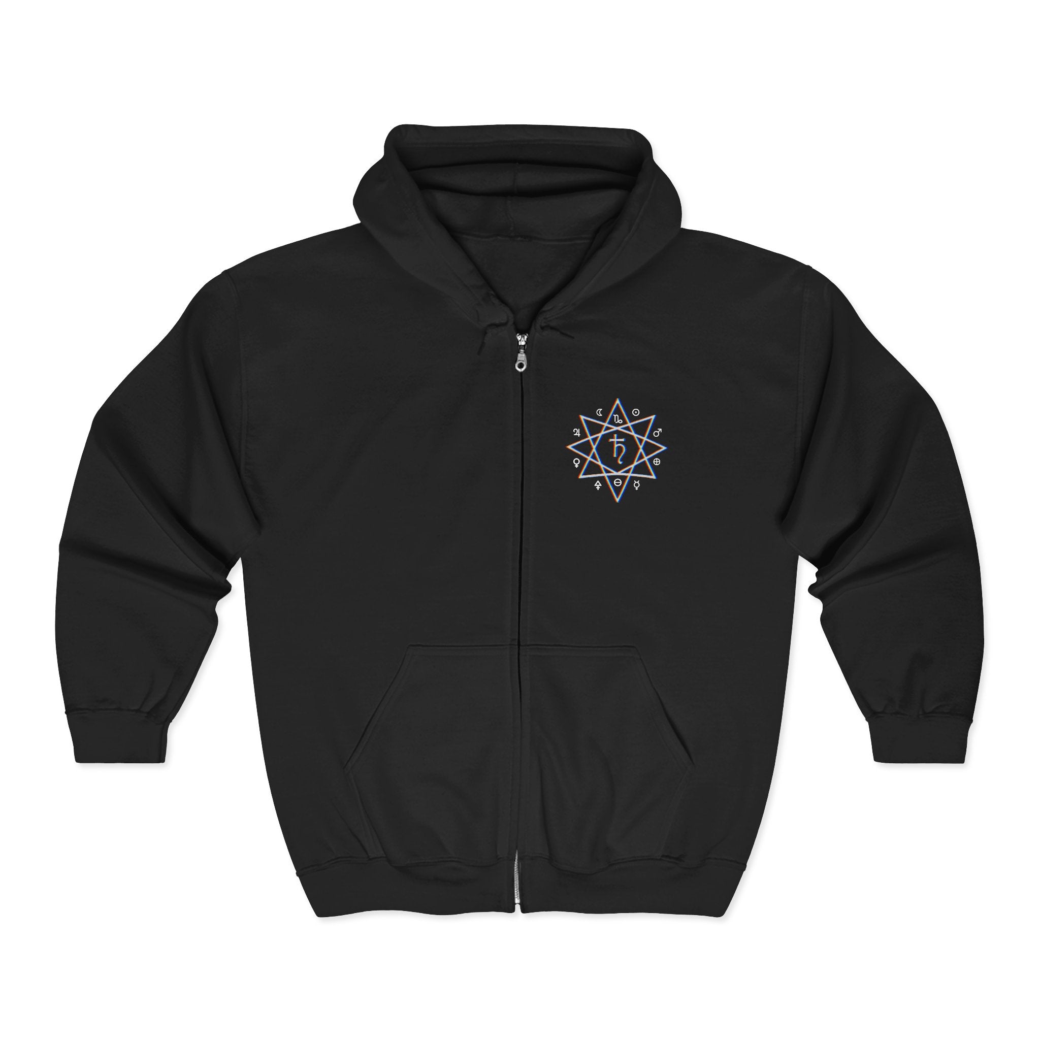 Glitch Satyr Skull Full-Zip Hoodie — Occult Graphic Zip-Up for Goth & Streetwear